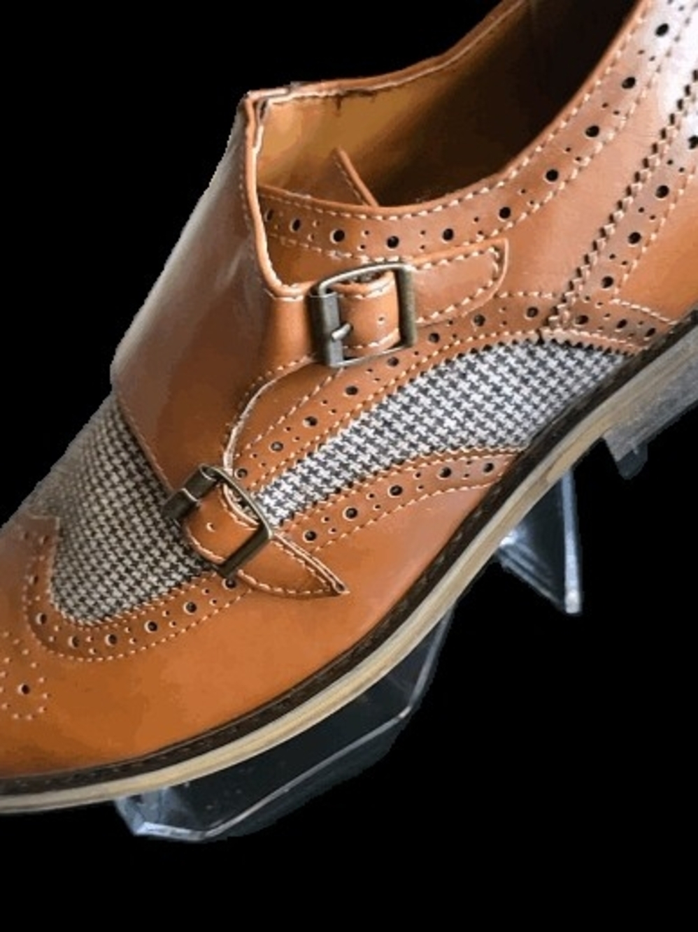 Men's Tan Double Monk Strap Brogue Oxford with Houndstooth Panels